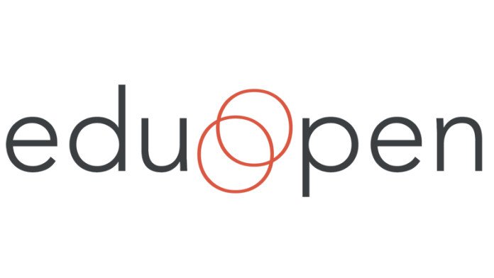 Logo di eduopen: parola eduopen scritta in stampato minuscolo; al posto della lettera "o" ci sono due cerchi rossi che si sovrappongono come nel diagramma di Eulero-Venn. 