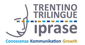 A sinistra volto stilizzato di tre quarti. A destra le parole "Trentino Trilingue Iprase". Sotto le parole "Conoscenza Kommunikation Growth".