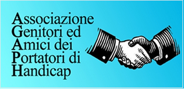 In un rettangolo: a sinistra le parole "Associazione Genitori ed Amici dei portatori di Handicap", a destra il disegno di una stretta di mano.