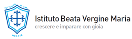 A sinistra il logo: il bordo di uno scudo azzurro all'interno del bordo di uno scudo blu. Nella parte centrale l'icona di quattro gigli formano una croce. Sullo scudo le parole "istituto" a sinistra e la sigla B.V.M. a destra. Sotto lo scudo la parola "Merate". A destra del logo le parole "Istituto Beata Vergine Maria" e sotto "crescere e imparare con gioia"..