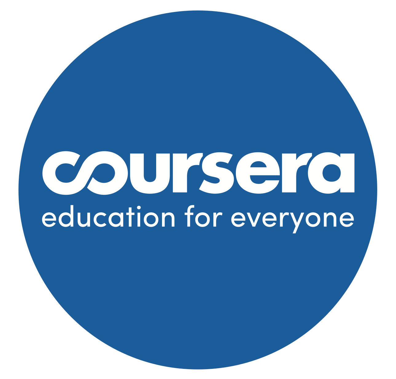 Cerchio azzurro che all'interno risporta, scritto in bianco, la parola coursera (al posto della lettera "c" c'è il simbolo dell'infinito) e, sotto a questa, le parole "education for everyone".