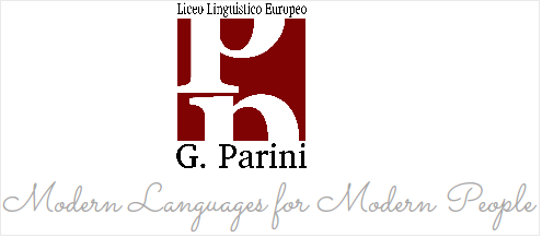 Quadrato rosso con all'interno scritta una "p" bianca tagliata a metà in orizzontale: nella parte alta del quadrato c'è la parte bassa della lettera "p" e viceversa. Sopra il quadrato ci sono le parole "Liceo Linguistico Europeo", sotto "G. Parini". Nella parte bassa dell'immagine la scritta in corsivo "Modern Languages for Modern People".