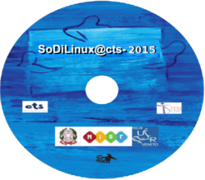 Fotografia del dvd di Sodilinux: sullo sfondo blu sono disegnati, in modo stilizzato, tre persone che siedono intorno a un tavolo. In alto c'è la scritta "SoDiLinux@cts-2015". In basso le sigle del CTS, dell'USR del Veneto e dell'ITD CNR.