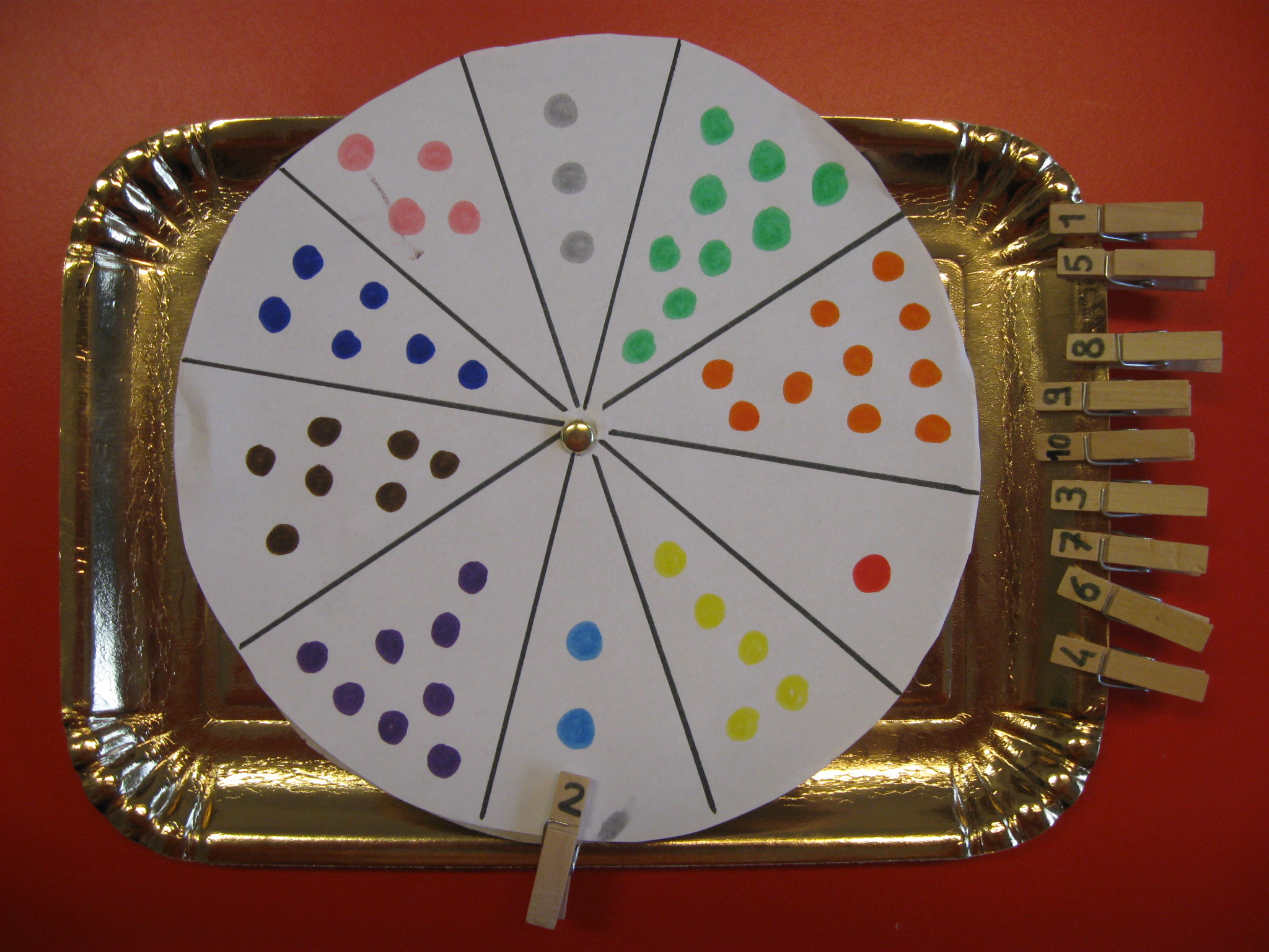 Ruota in cartone divisa in spicchi: in ogni spicchio è disegnato un diverso numero di pallini colorati. A fianco, mollette con scritti i numeri da 1 a 9.