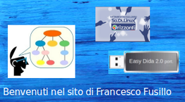 Disegno di chiavetta usb su sfondo azzurro. In basso la frase "Benvenuti nel sito web di Francesco Fusillo".